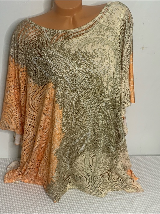Reba Tops - Reba Woman Flowy Boho Paisley dolman Beaded Tunic Top in Orange & Olive 3x USA